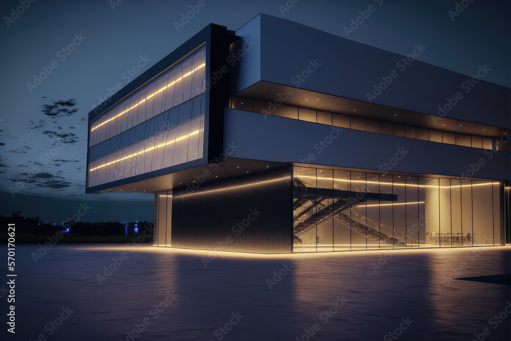 Office buildings and modern architecture at night. Peculiar AI generative image.