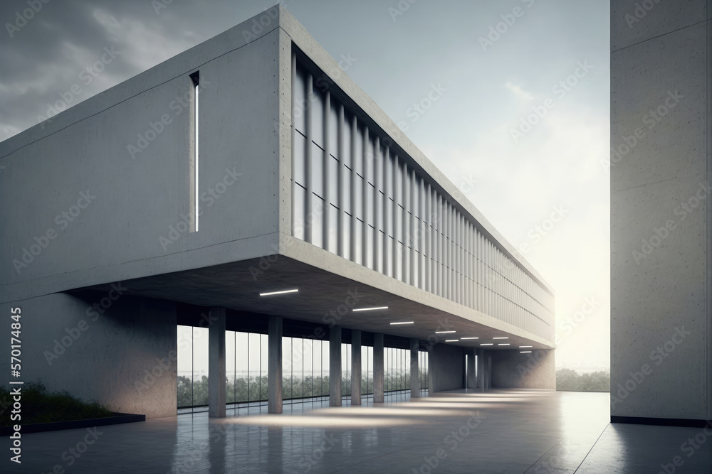 Modern architecture exterior of public hall entrance in urban building outdoor under bright sky with