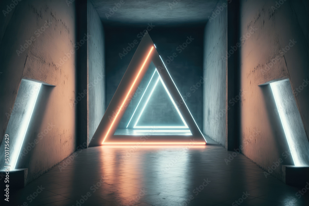 Concrete room with triangle portal illuminated by blue and orange neon light. Peculiar AI generative