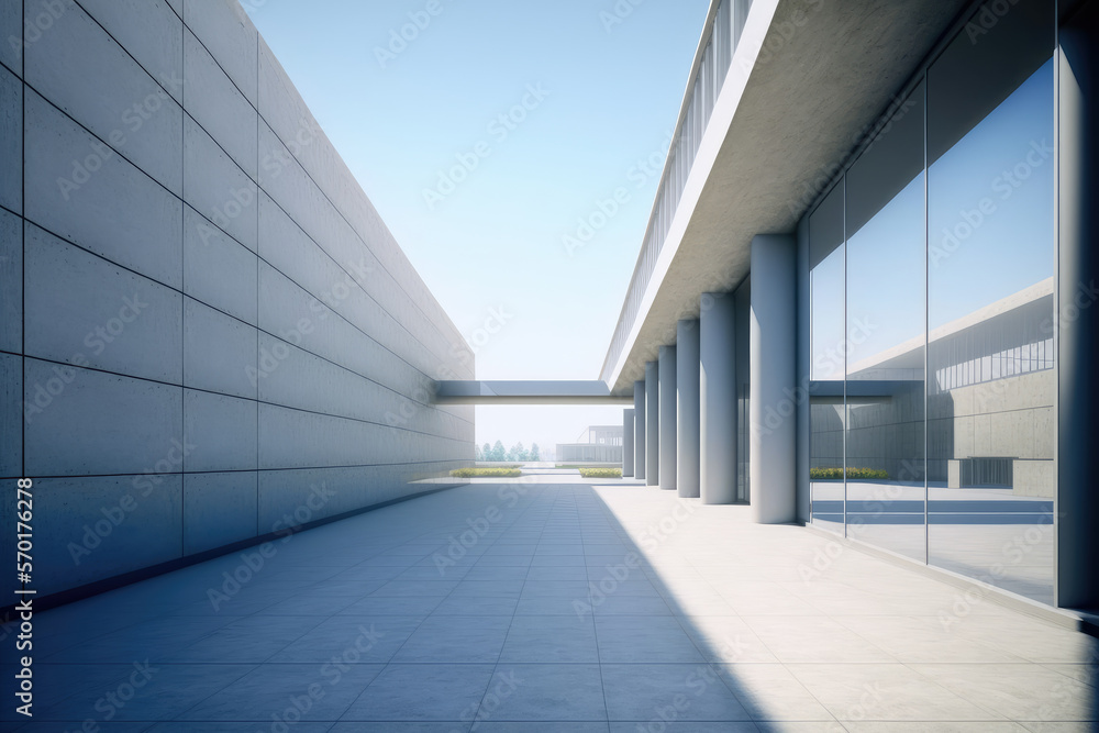 Modern architecture exterior of public hall entrance in urban building outdoor under bright sky with