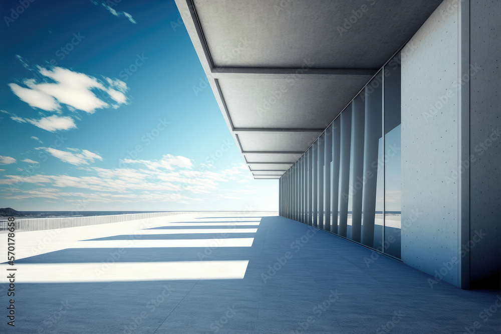 Modern architecture exterior of public hall entrance in urban building outdoor under bright sky with