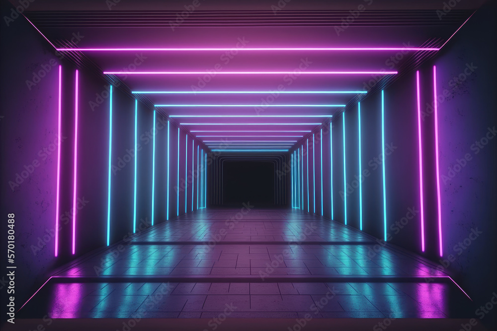 Neon light corridor tunnel with diminishing perspective view . Futuristic walking pathway. Peculiar 