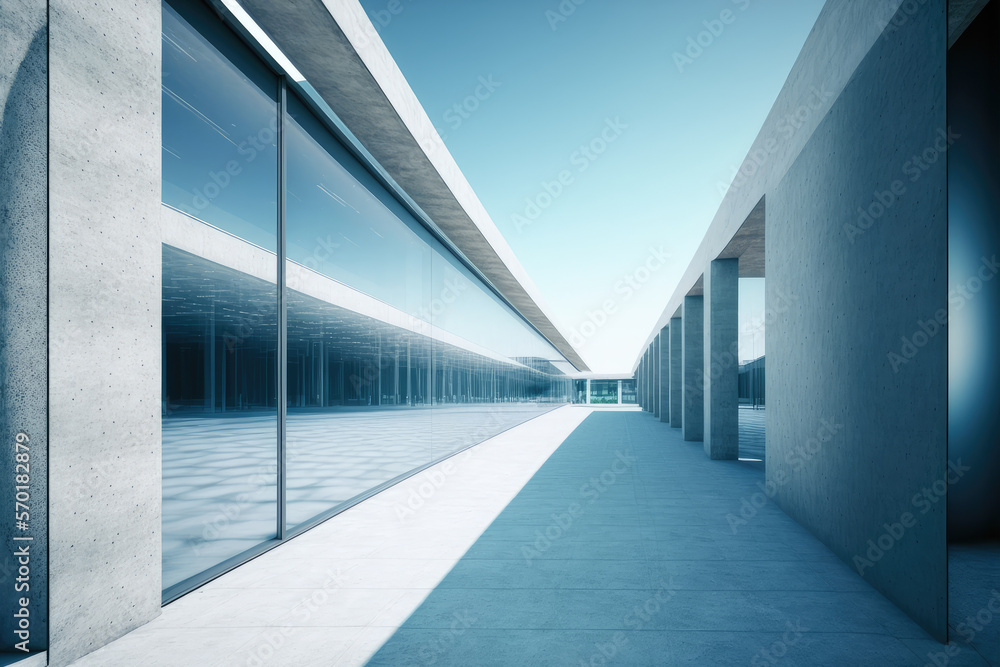 Modern architecture exterior of public hall entrance in urban building outdoor under bright sky with