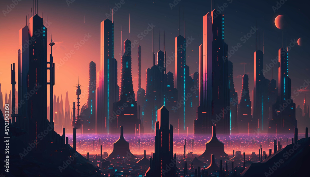 A futuristic cyberpunk skyline of skyscrapers rises tall against the dark, mysterious atmosphere, il