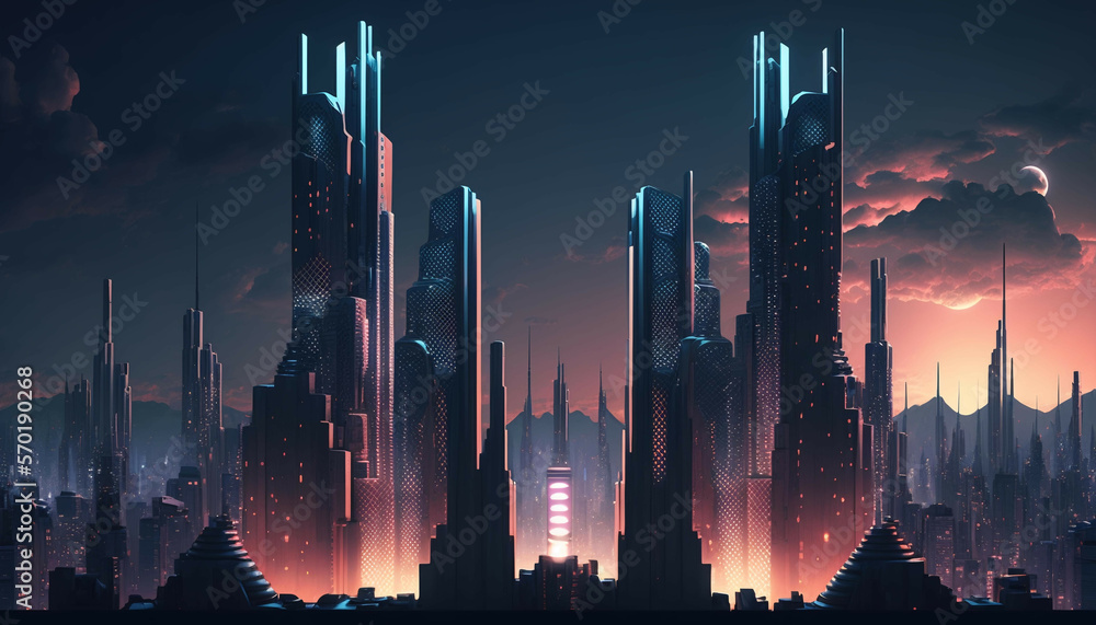 A futuristic cyberpunk skyline of skyscrapers rises tall against the dark, mysterious atmosphere, il