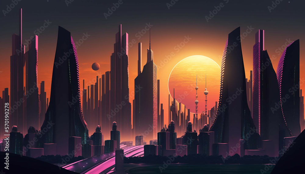 A futuristic cyberpunk skyline of skyscrapers rises tall against the dark, mysterious atmosphere, il