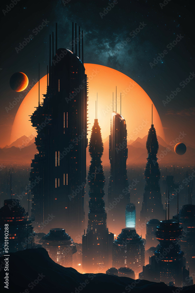 A futuristic cyberpunk skyline of skyscrapers rises tall against the dark, mysterious atmosphere, il