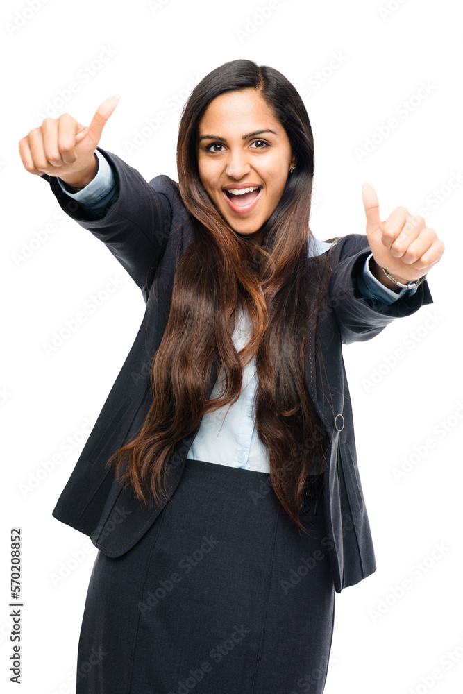 An excited young entrepreneur in a business formals giving the thumbs up sign as a approval or an ac