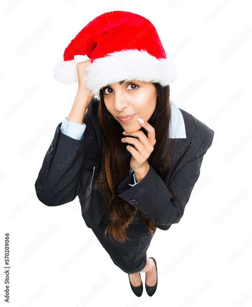 A thoughtful Indian businesswoman or an entrepreneur thinking in a Christmas hat prepared for a cele