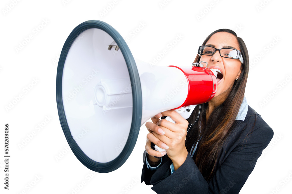 A young businesswoman or an entrepreneur shouting out into a megaphone isolated on a png background.