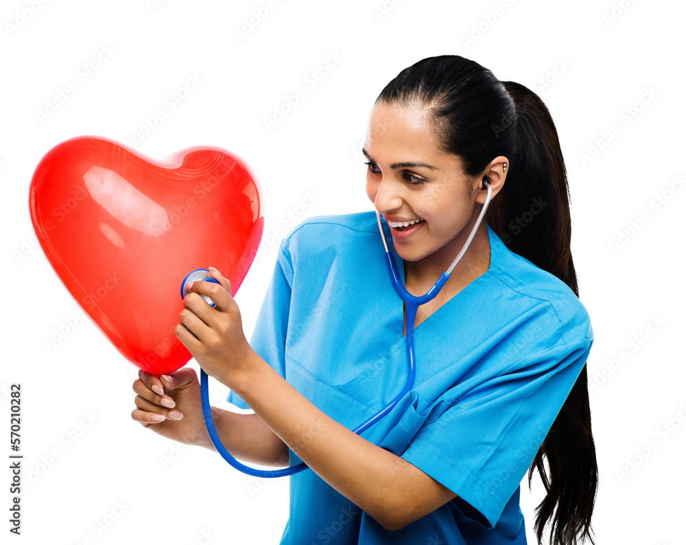 A happy female cardiologist listening to a red heart shape balloon with a stethoscope isolated on a 