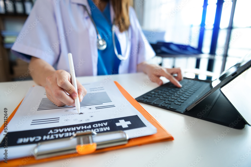 Medicine doctor hand working with modern digital tablet computer interface as medical network concep