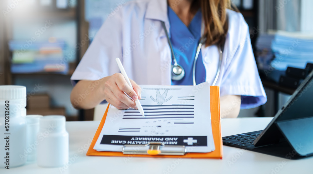 Medicine doctor hand working with modern digital tablet computer interface as medical network concep