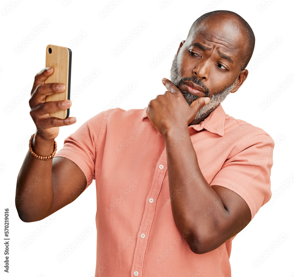 A contemplative trendy mature African American man with a trendy grey beards taking selfies on a cel