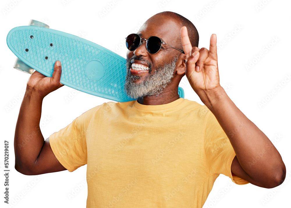 A mature african american man standing with a mini skateboard. Handsome and carefree mature man wear