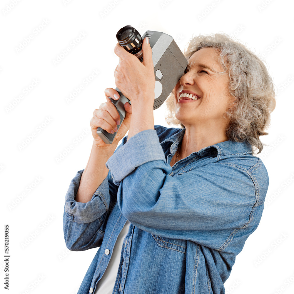 A happy caucasian woman standing and taking a picture on a camera. Confident cheerful caucasian lady