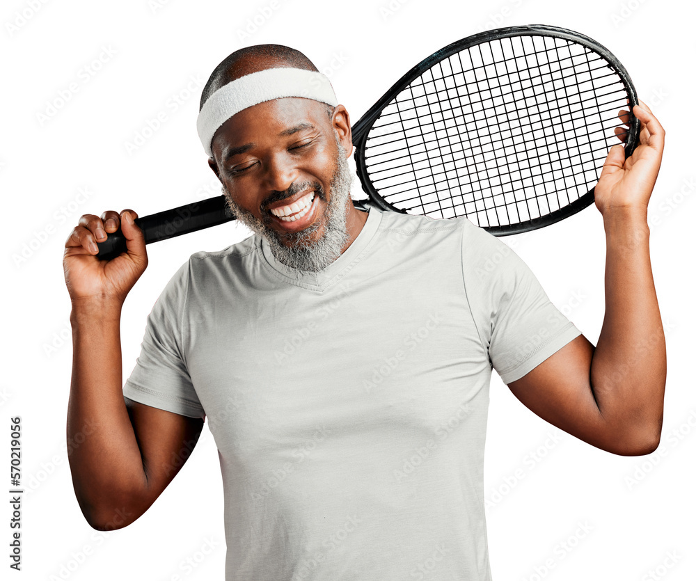 A happy mature african american man posing with a tennis racquet on his shoulder. Smiling black man 