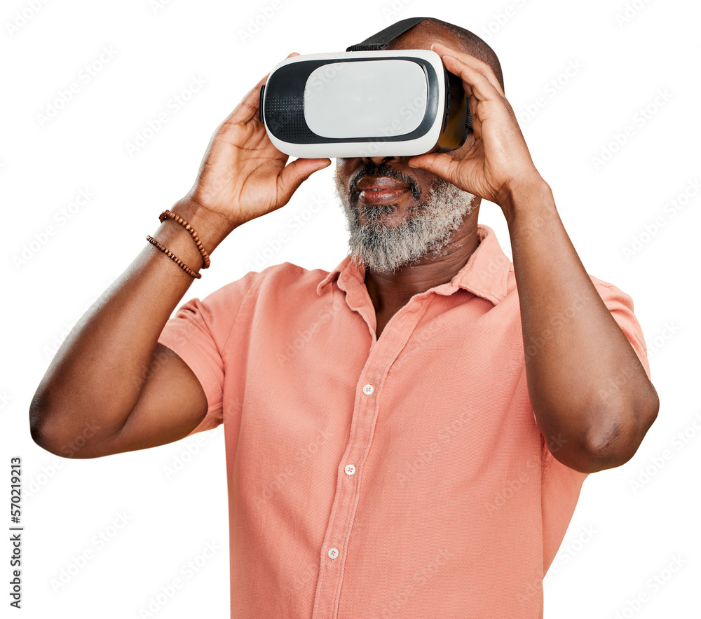 A mature african american man in grey beard using a virtual reality headset while standing and using