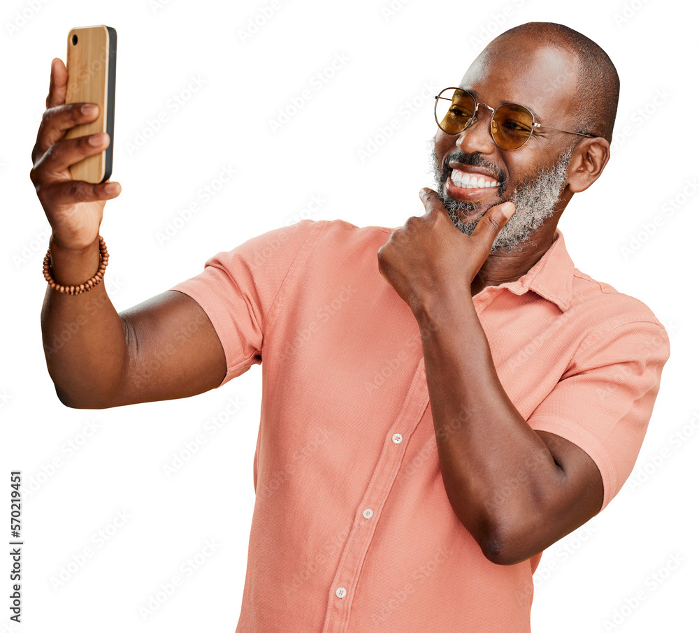 A happy trendy mature African American man taking selfies on his cellphone for his social media post