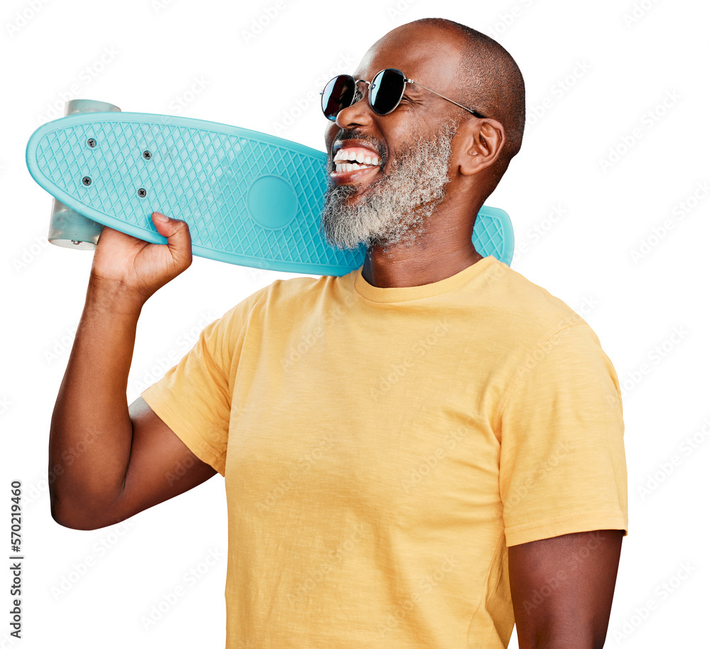 A funky cool mature African American man posing with a skateboard. Smiling black man wearing sunglas