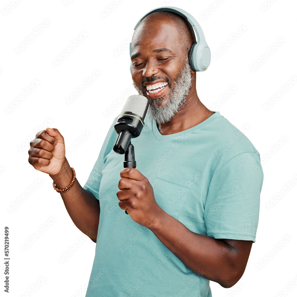 An enthusiastic mature African American man wearing headphones and listening and singing karaoke wit