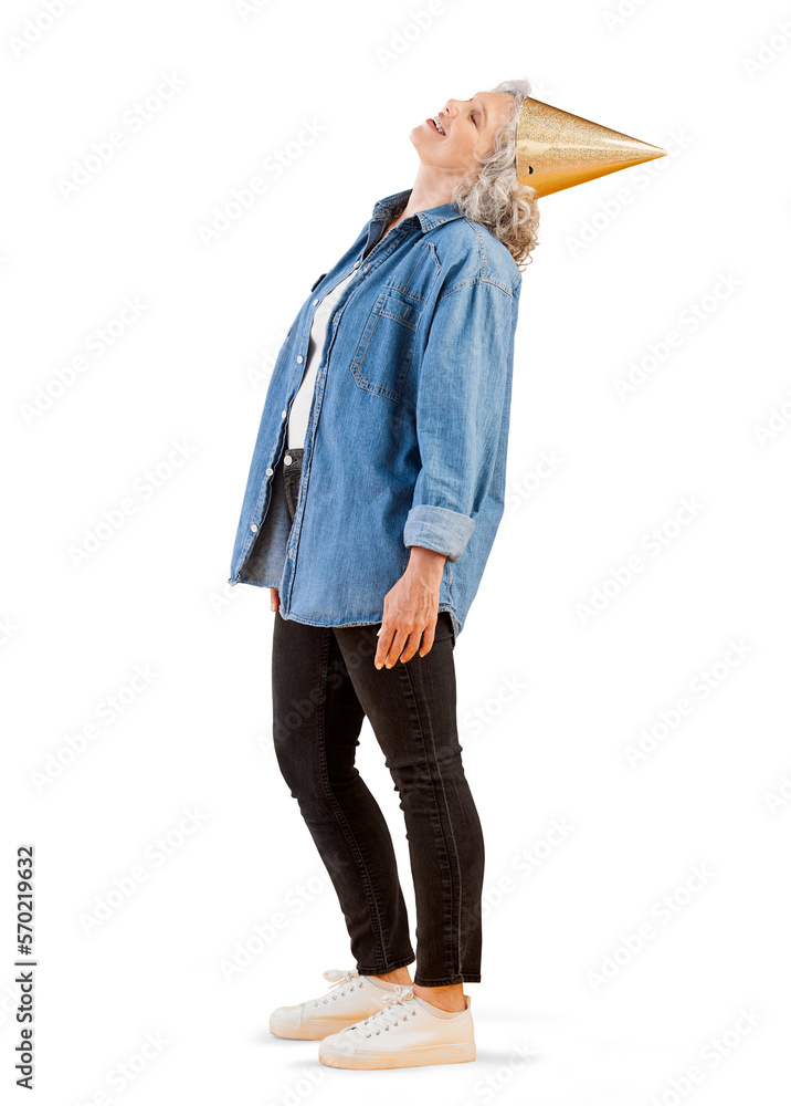 A happy mature caucasian woman wearing a birthday hat while posing against a isolated on a png backg