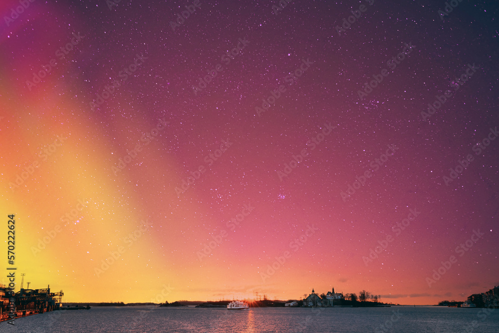 Helsinki, Finland. Touristic Boat Floating Near Valkosaari Island At Sunrise Sunset Time. Amazing Co