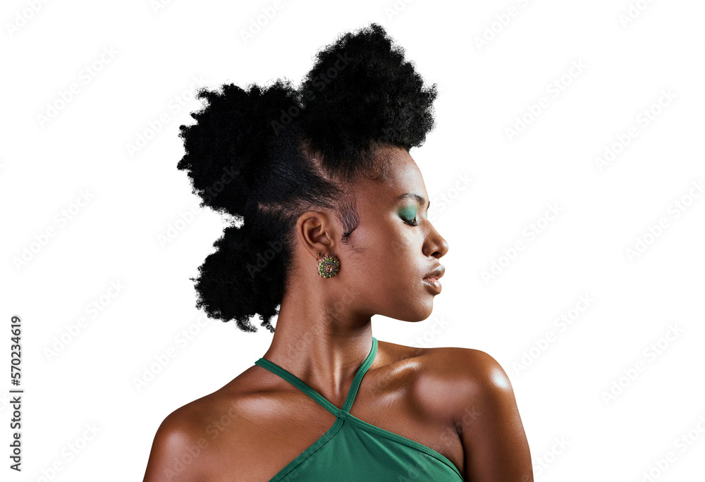 A black woman with a green makeup on face and skin for beauty, fashion and cosmetics isolated on a p