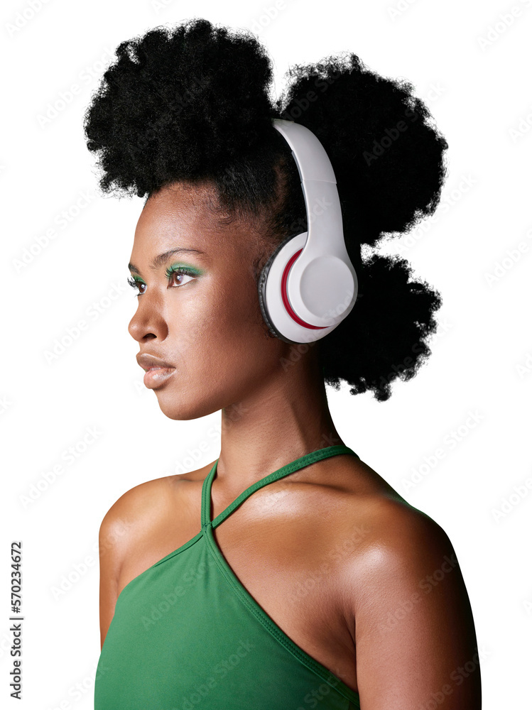 A black woman with headphones listening to music or podcast on mockup advertising and marketing. Afr