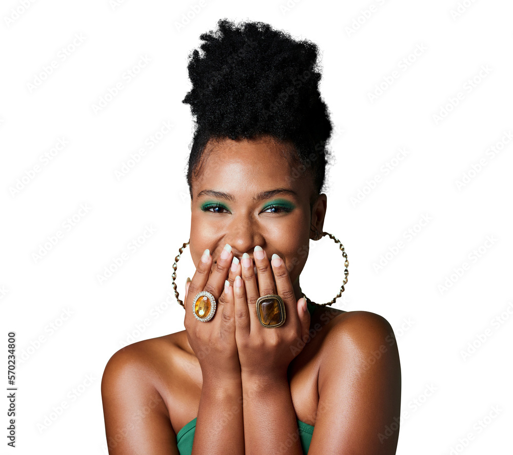 A beauty, green fashion and makeup with a black woman laughing. Portrait of a happy and funny with a