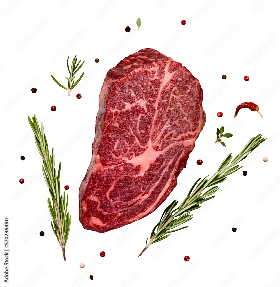 Fresh marbled beef rib eye steak and spices on transparent background