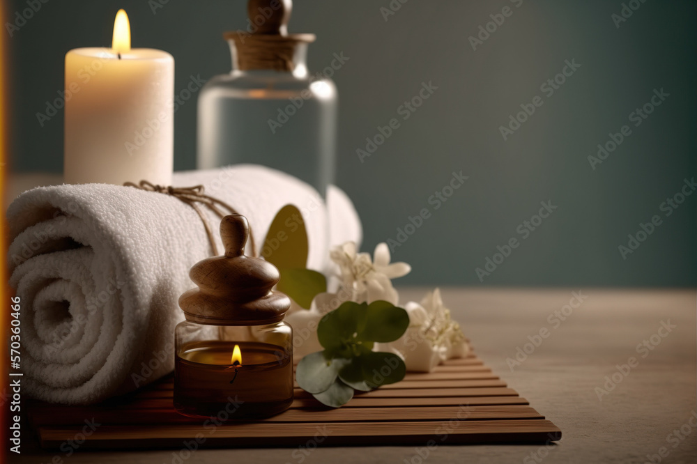 AI Generative image, spa accessory composition set in spa hotel , beauty wellness center . Spa produ