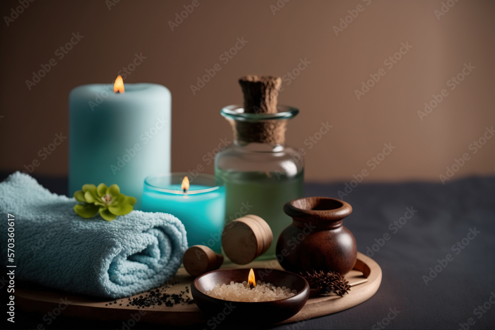 AI Generative image, spa accessory composition set in spa hotel , beauty wellness center . Spa produ