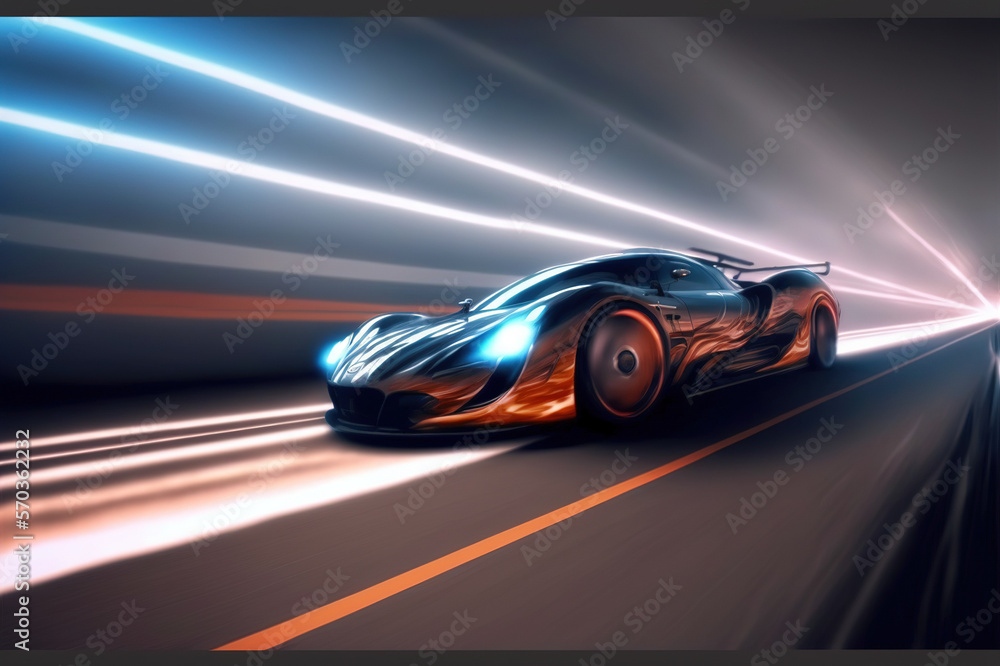 Speeding fast sports car drives on highway road with motion blur effects creating light trailing env