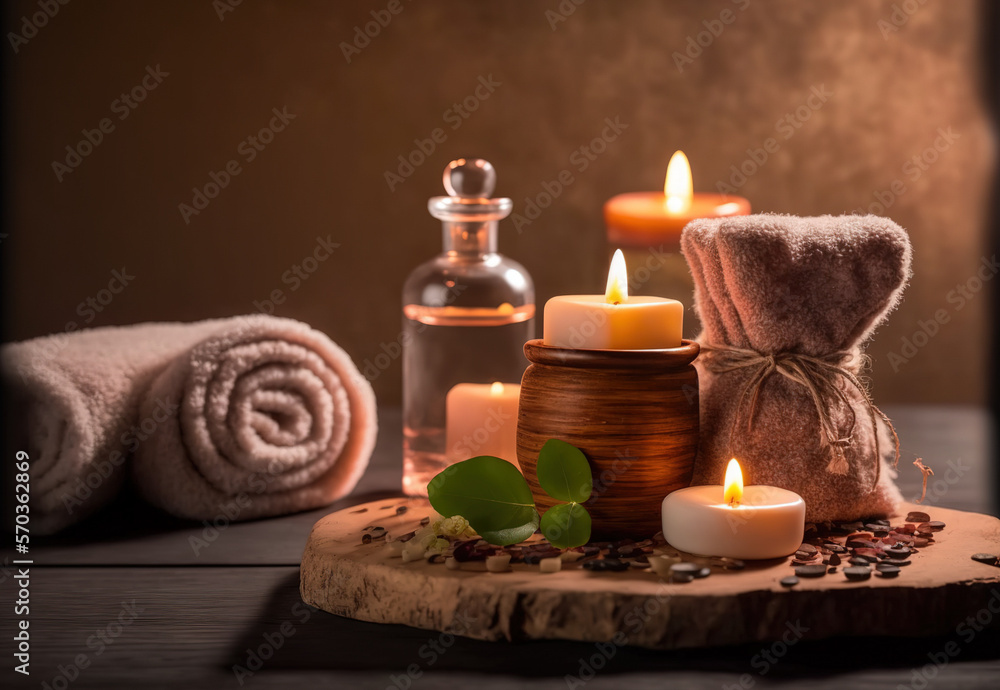 AI Generative image, spa accessory composition set in spa hotel , beauty wellness center . Spa produ