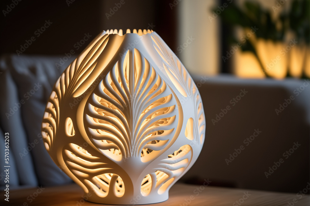 Lamp on bedside table at night prototype by 3D printing technology . Sublime Generative AI image .