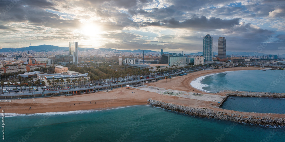 Barcelona central beach aerial view Sant Miquel Sebastian plage Barceloneta district catalonia