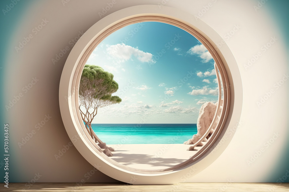 A room with round glass window overlooking beautiful landscape background . Hotel futuristic showroo