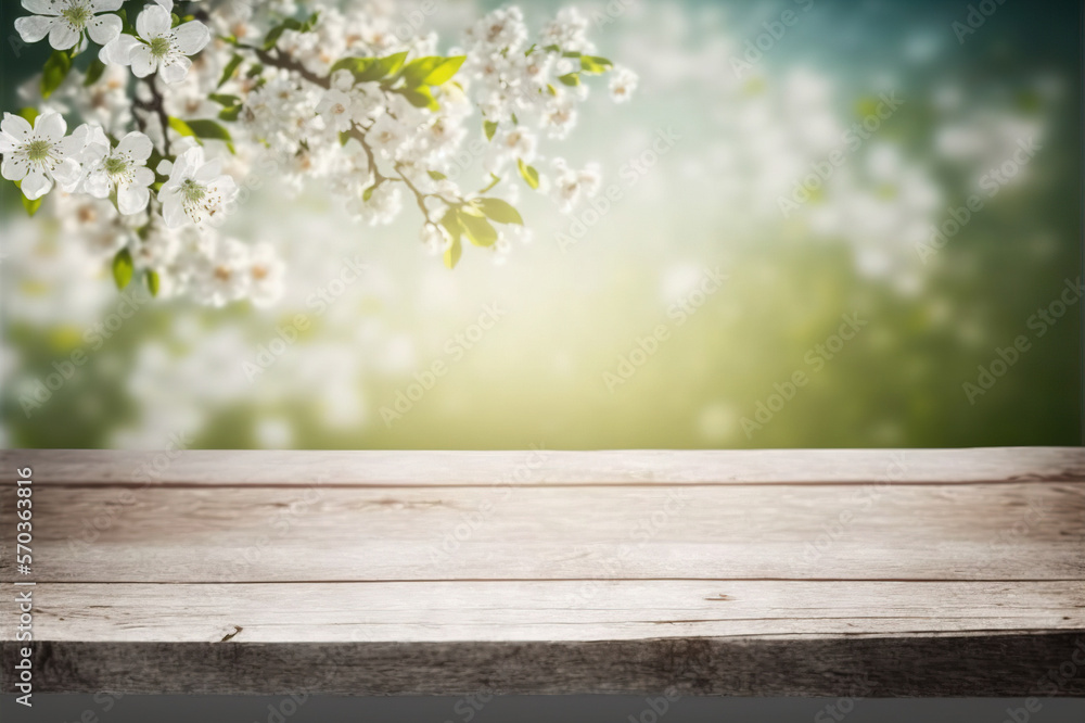 Empty table for product display with flower spring blur background . Sublime Generative AI image .