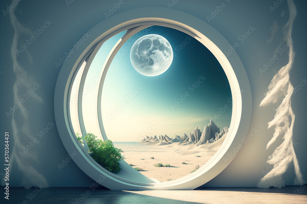 A room with round glass window overlooking beautiful landscape background . Hotel futuristic showroo