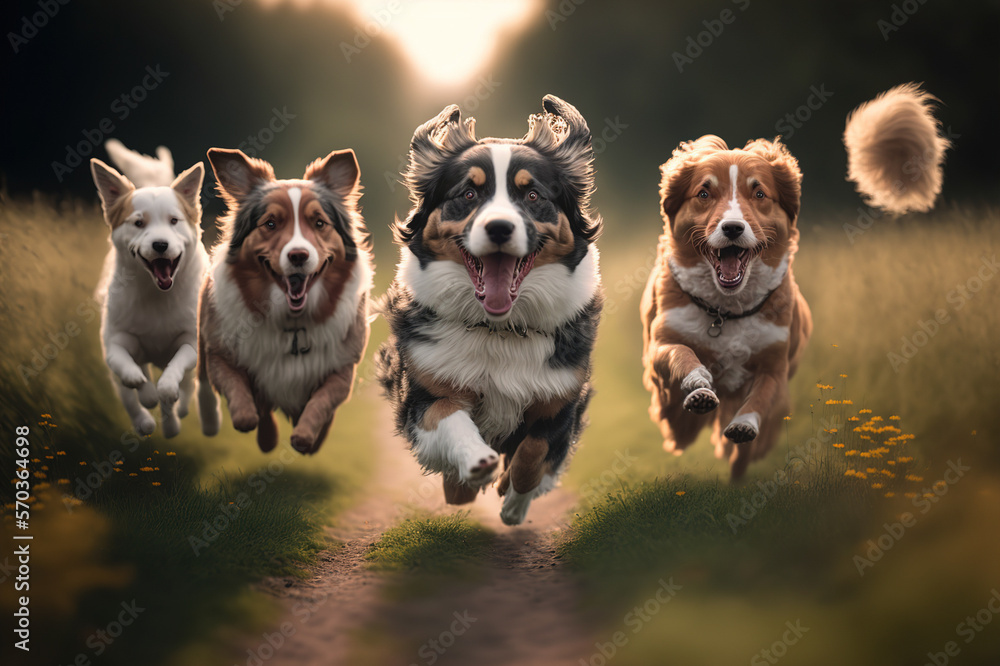 Happy dogs are running towards camera in outdoor activity . Sublime Generative AI image .