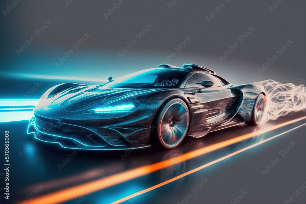 Speeding fast sports car drives on highway road with motion blur effects creating light trailing env