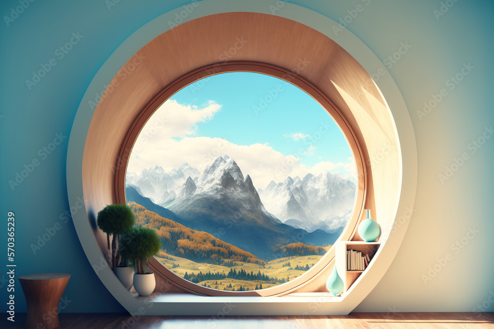 A room with round glass window overlooking beautiful landscape background . Hotel futuristic showroo