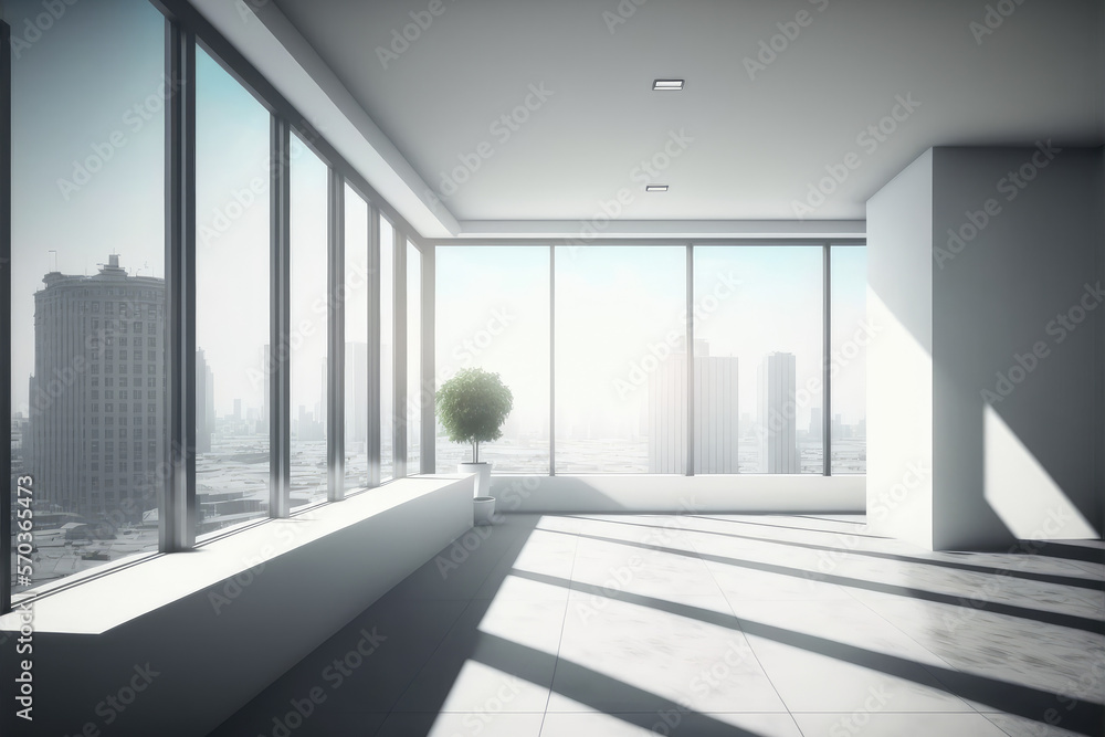 Empty modern office background in city center . Workspace interior design . Clean and bright office 