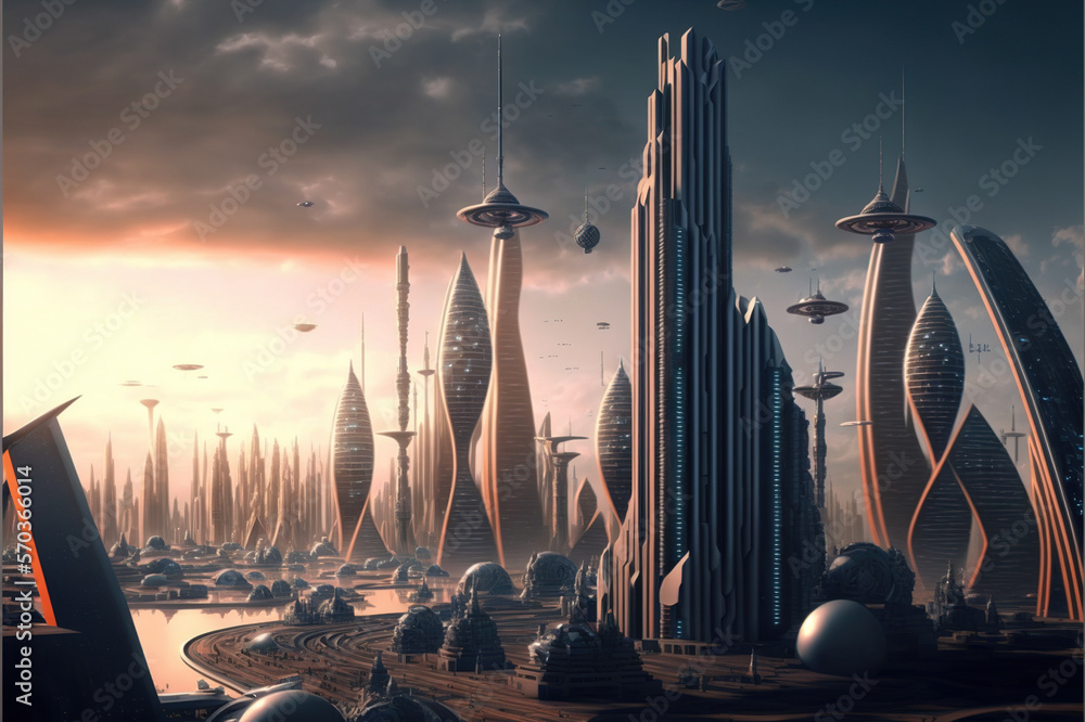 Skyline of futuristic city with fictional architecture in panoramic view . Megalopolis landscape wit