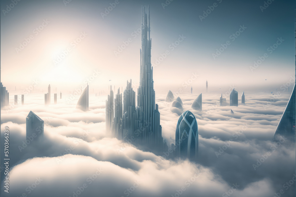 Top of skyscrapers building high above the clouds in the morning sunrise . Futuristic architecture o