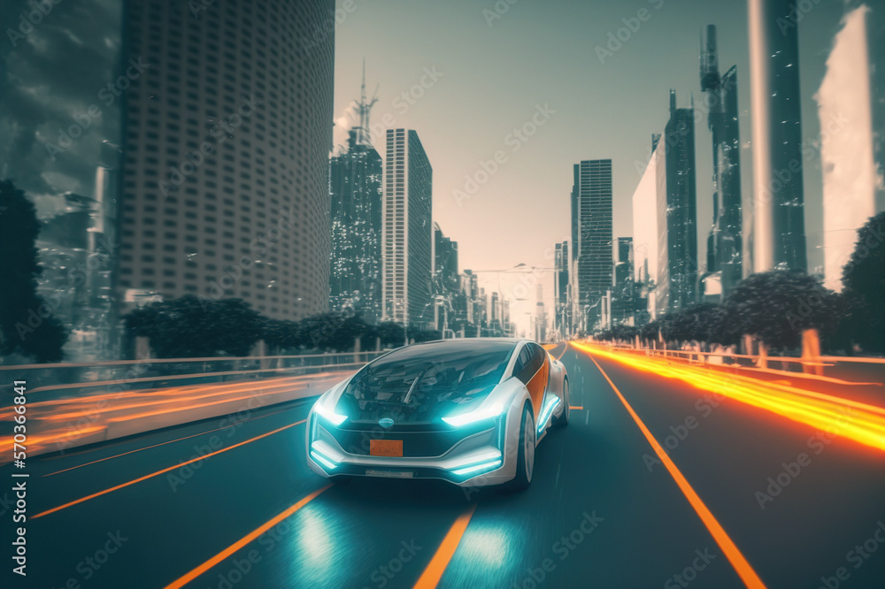 Fast electric car with luxury futuristic autonomous sensor software driving on road in downtown city