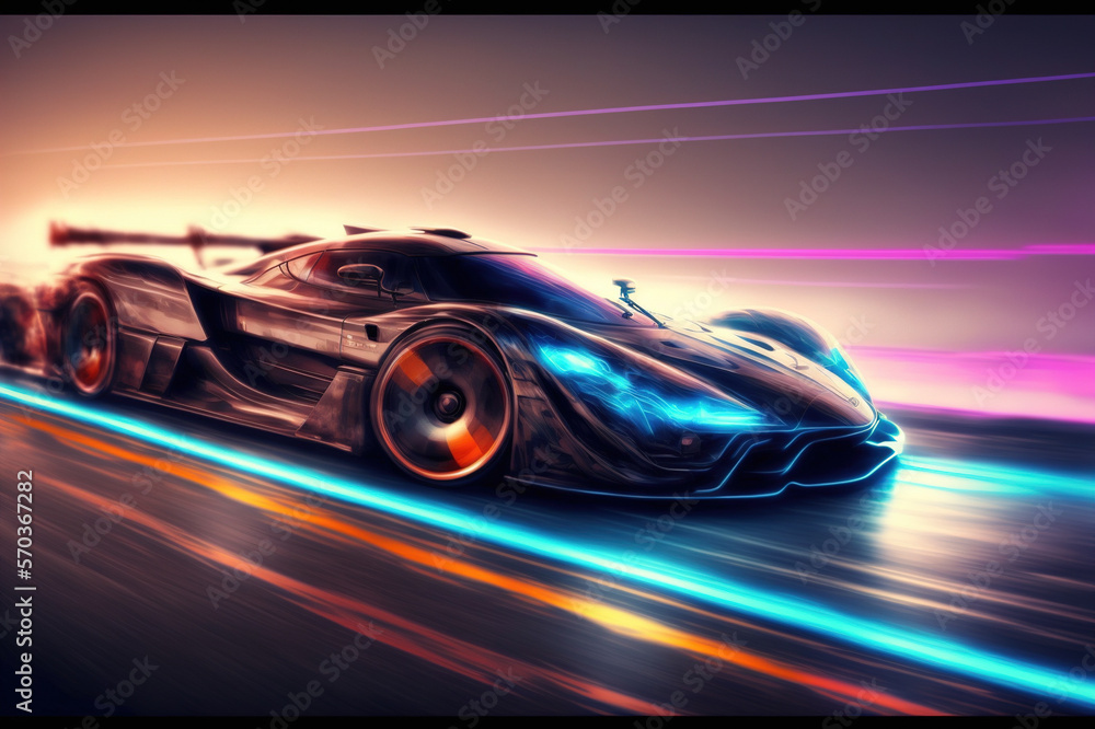 Speeding fast sports car drives on highway road with motion blur effects creating light trailing env