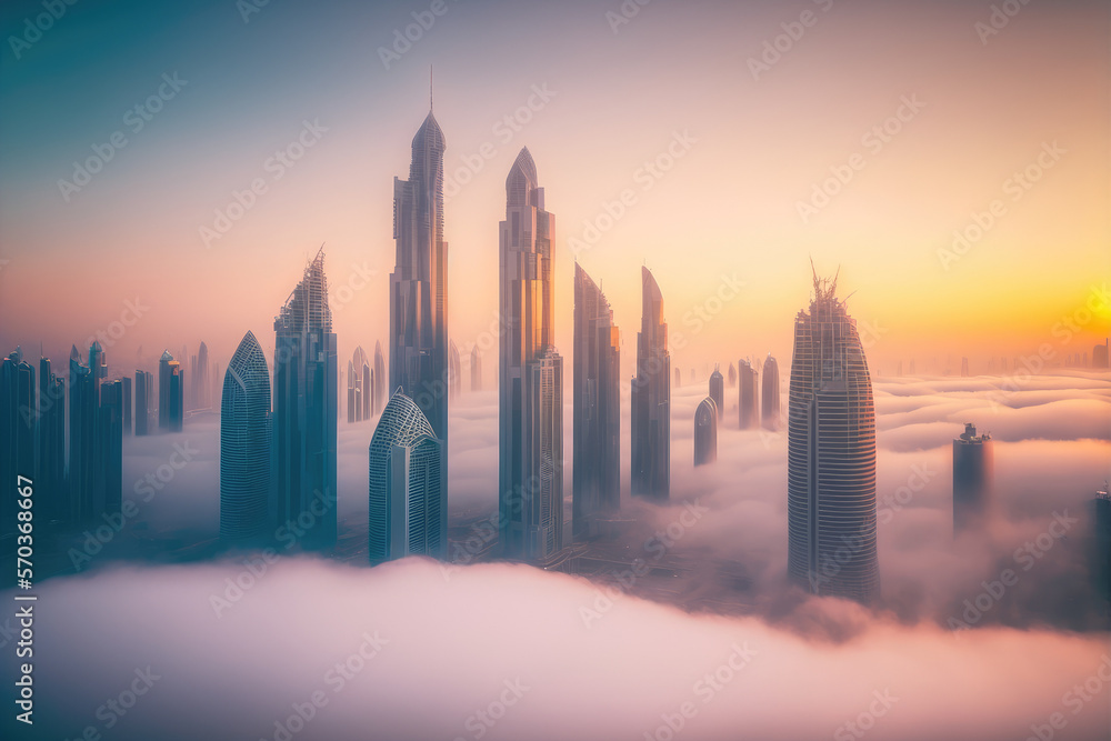 Top of skyscrapers building high above the clouds in the morning sunrise . Futuristic architecture o