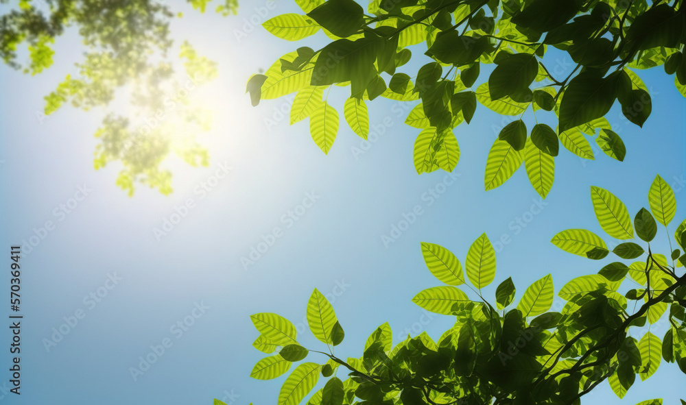 Green leaves under blue sky background in spring and summer garden . Sublime Generative AI image .